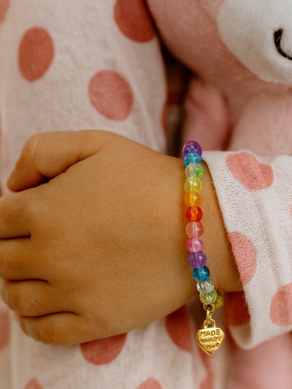 Handmade Multicolor Beaded Stretch Bracelet w/ Gold Heart Charm